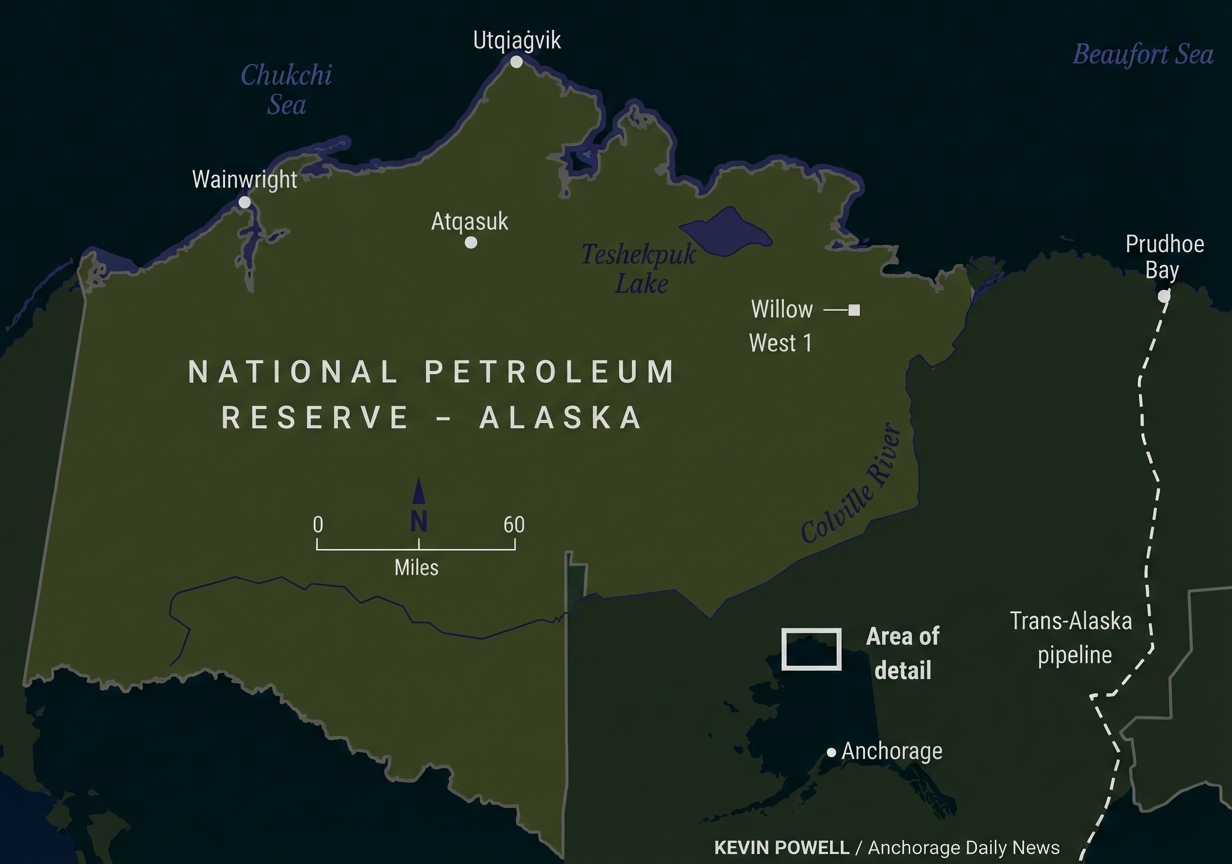 Karte des National Petroleum Reserve – Alaska mit Ortspunkten, Trans-Alaska-Pipeline und Lagehinweis zu Anchorage